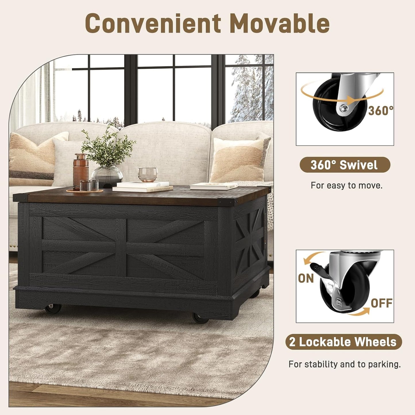 Hlivelood 36" Farmhouse Movable Lift Top Coffee Table with Storage and Power Outlets, Square Wood Living Room Tables with Wheels&Large Hidden Space, Lift Wooden Barn Door Center Table, Black