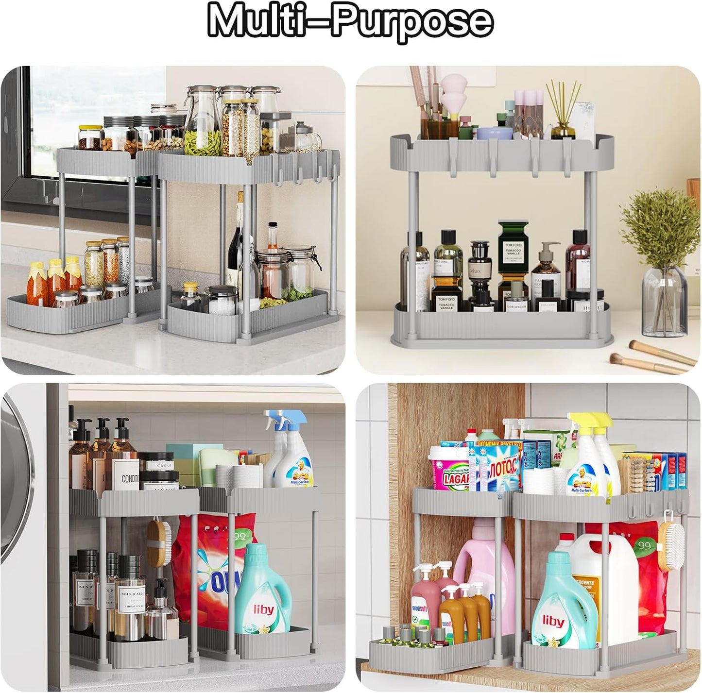 Ukeetap 2 Pack Multi-Purpose Pull-Out Storage Organizers, Under Sink Organizers and Storage for Bathroom & Kitchen, Under Cabinet Organizers and storage, 12.8 Inch, Grey
