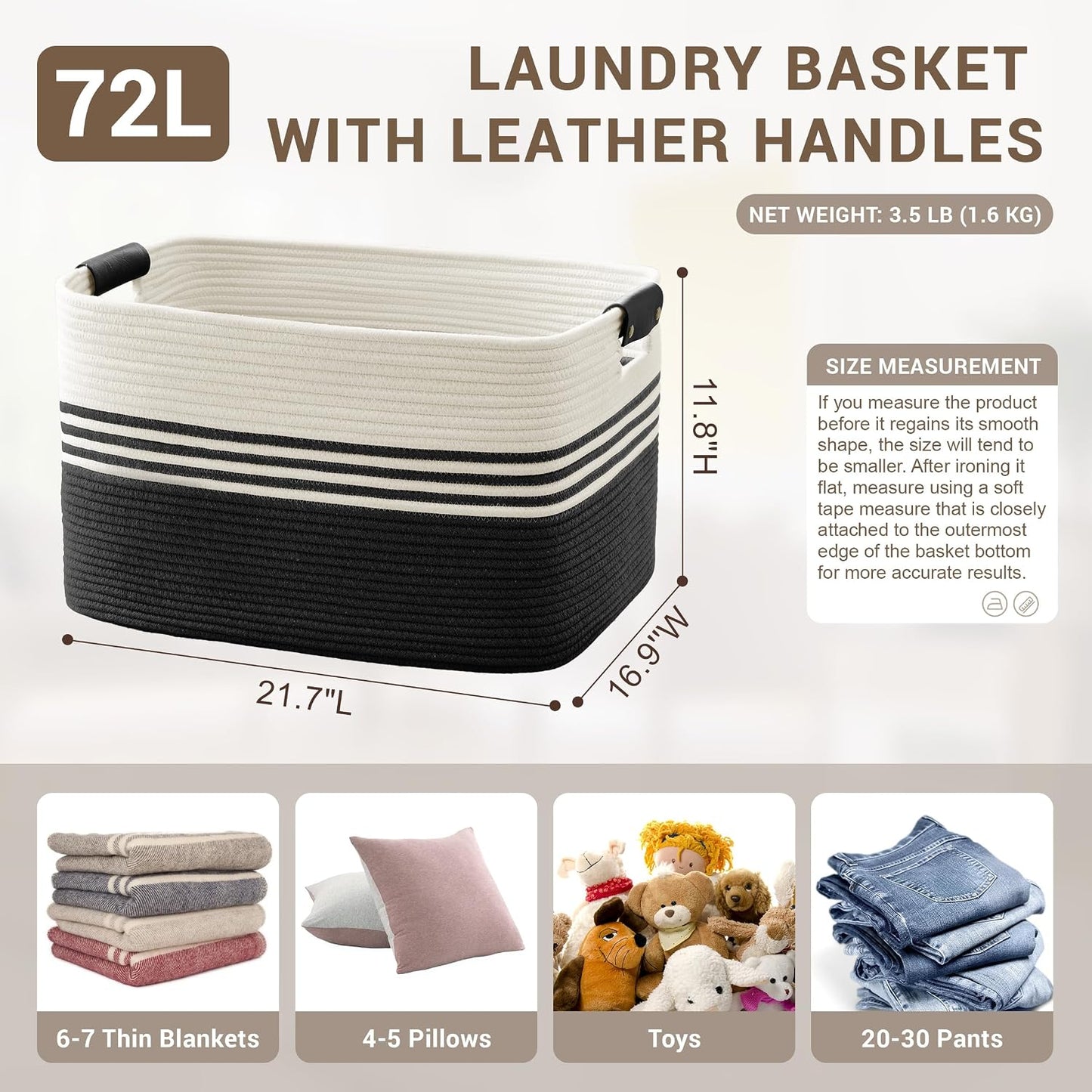 72L Large Woven Laundry Basket Hamper with Leather Handles,Black
