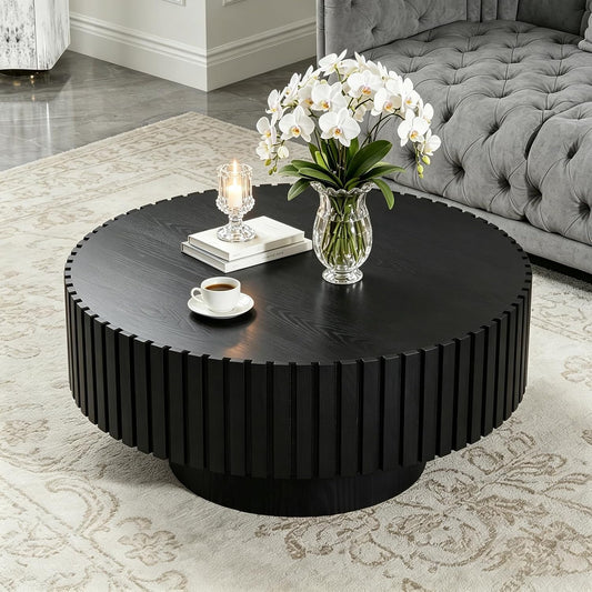 31.5" Modern Round Coffee Table (Round Black) | Contemporary Circle Fluted Center Table, Solid Wood Relief, Vintage Wooden Accent Table, For Living Room, Small Spaces