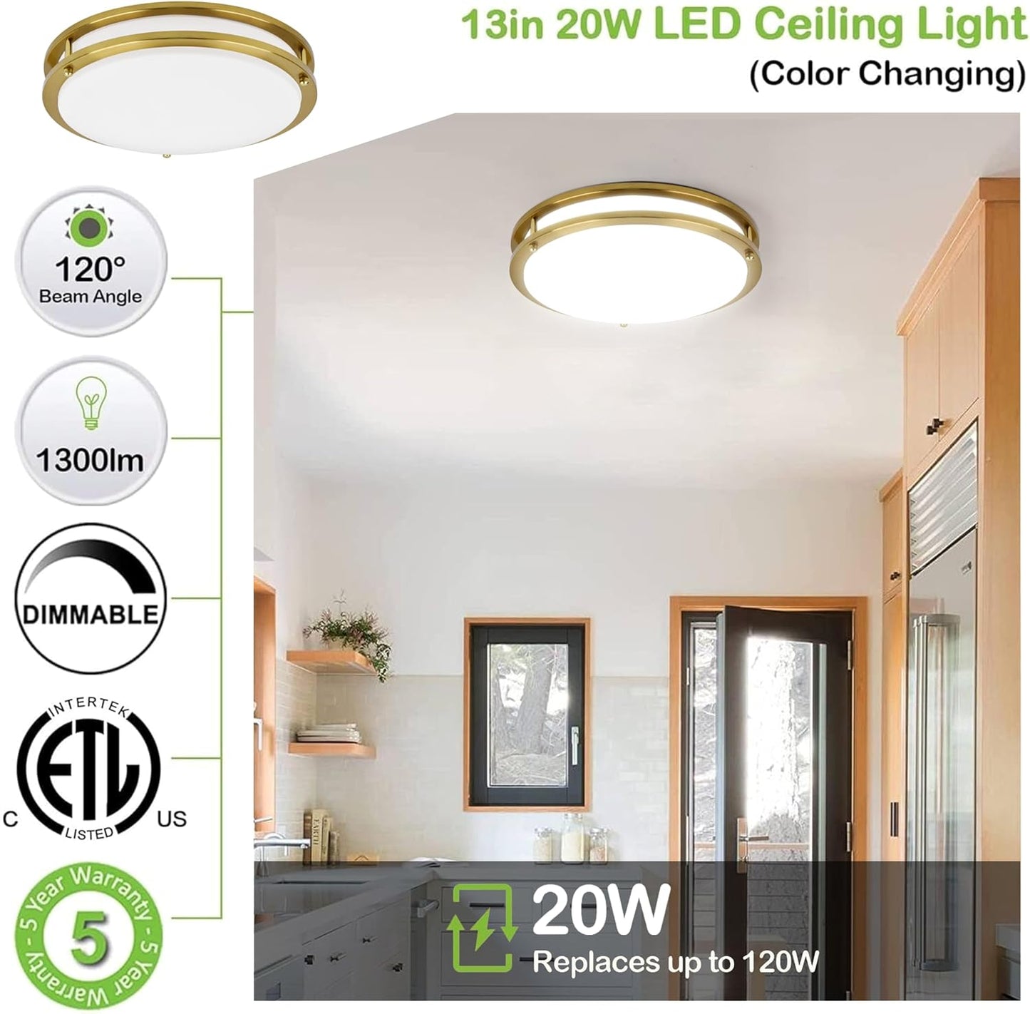 hykolity 13 inch Flush Mount LED Ceiling Light Fixture, 2700K/3000K/3500K/4000K/5000K Adjustable Ceiling Lights, Gold Saturn Dimmable Lighting for Hallway Bathroom or Kitchen ETL Listed 1Pack