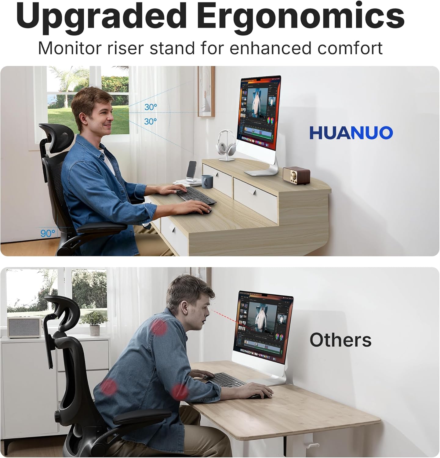 HUANUO 32 X 20 inch Electric Standing Desk with 4 Drawers, Adjustable Height Sit Stand Home Office Desk, C-Clamp Mount Compatible, Ergonomic Stand up Desk with 4 Preset Heights, Natural