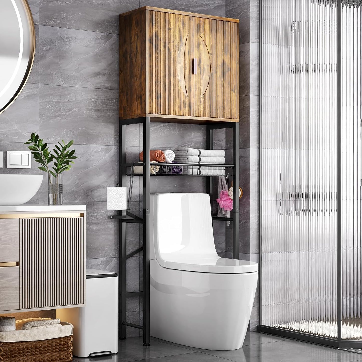 Kalrin Over The Toilet Storage Cabinet with Fluted Wave Doors and Adjustable Shelf, Wood Over Toilet Storage Rack with Drain Basket, Freestanding Bathroom Organizer for Balcony Laundry, Vintage Brown