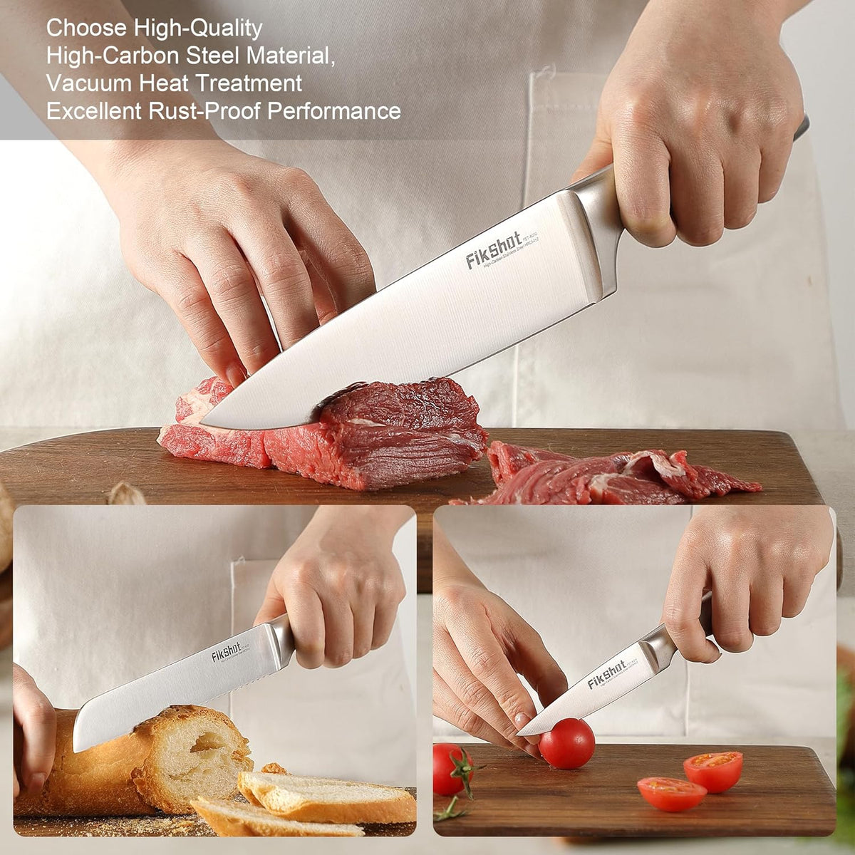 FIKSHOT 14 Pieces Knife Block Set German Stainless Steel with Block, Razor-Sharp Santoku Knives, Fruit & Kitchen Knives, Rust Resistant for Homecooks (Silver + Walnut)