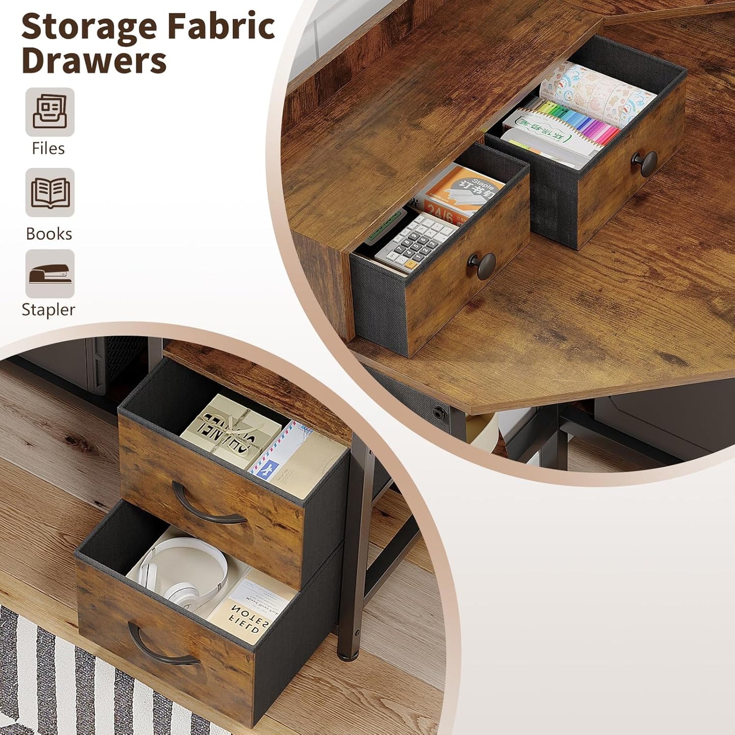 VENNQD Corner Desk with 6 Fabric Drawers Shelves for Small Space Computer Desk with Power Outlets,Gaming Desk with Printer Monitor Stand Storage for Home Office Workstation Writing Table Brown