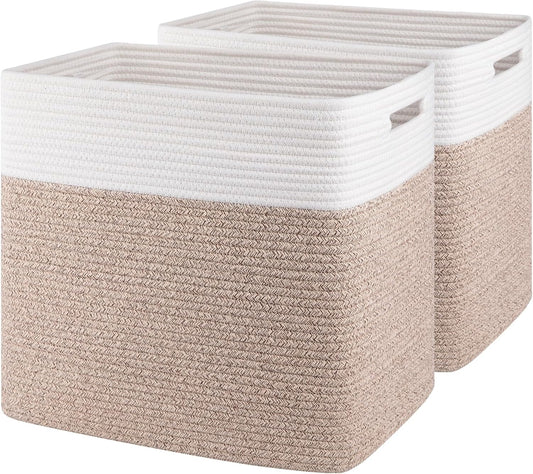 OIAHOMY 2 PACK Tall Storage baskets 55L Blanket Basket Living Room Brown | Large Collapsible Storage Bins Narrow Basket Baskets for Closet Organization Storage Baskets for Shelves Toy Storage Basket