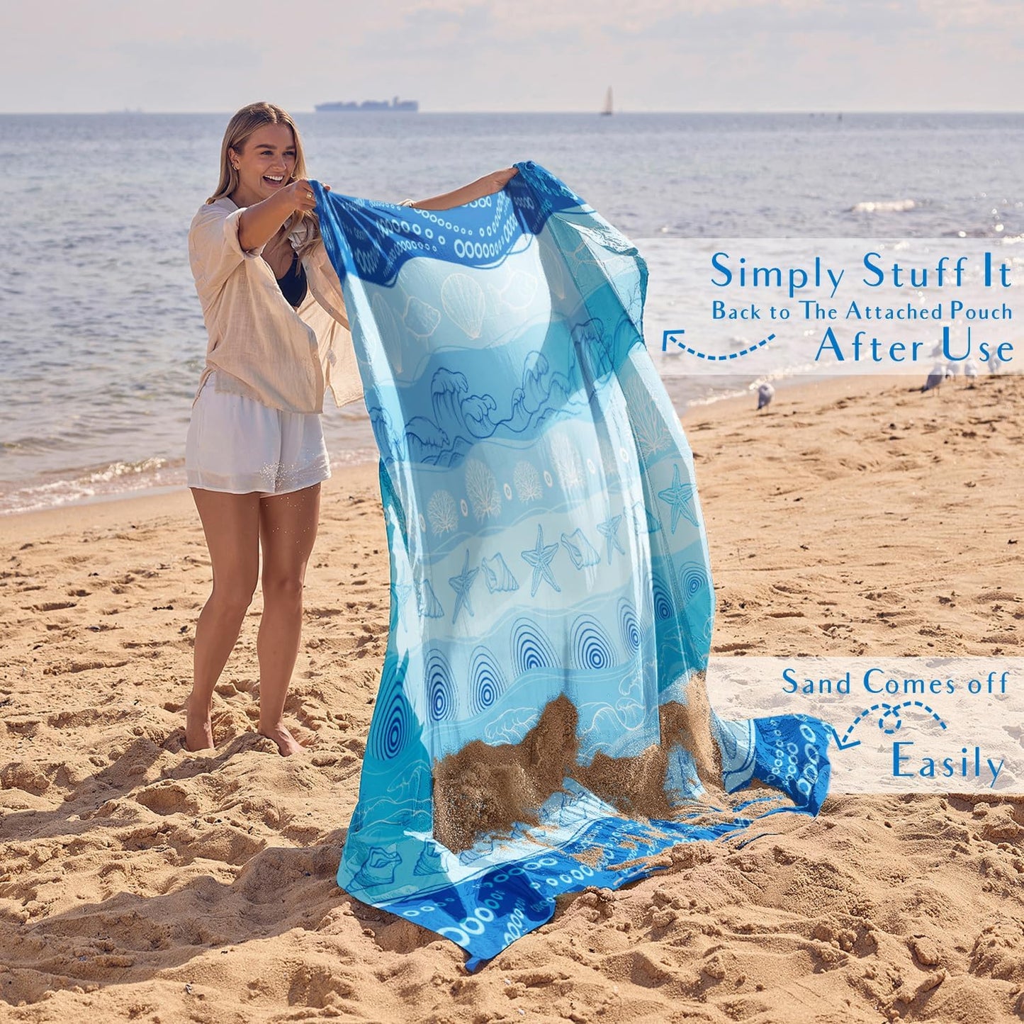 WEKAPO Beach Blanket Waterproof Sandproof Oversized Extra Large Sand Free Beach Mat with Stakes, Storage Bag - Essentials for Outdoor Beach, Picnic (Bohemian Starfish, 8 X 7 FT (1~4 Person))