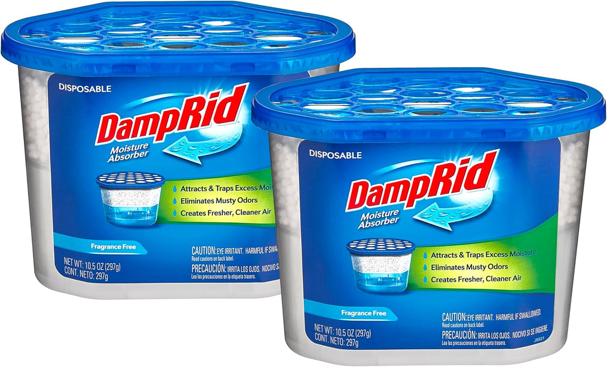 Damp Rid Moisture Absorber – Fragrance Free Odor Eliminator & Humidity Absorber for Closet, Bathroom & Basement, 2 Pack 10.5 oz Disposable Buckets– Ilios Packaging