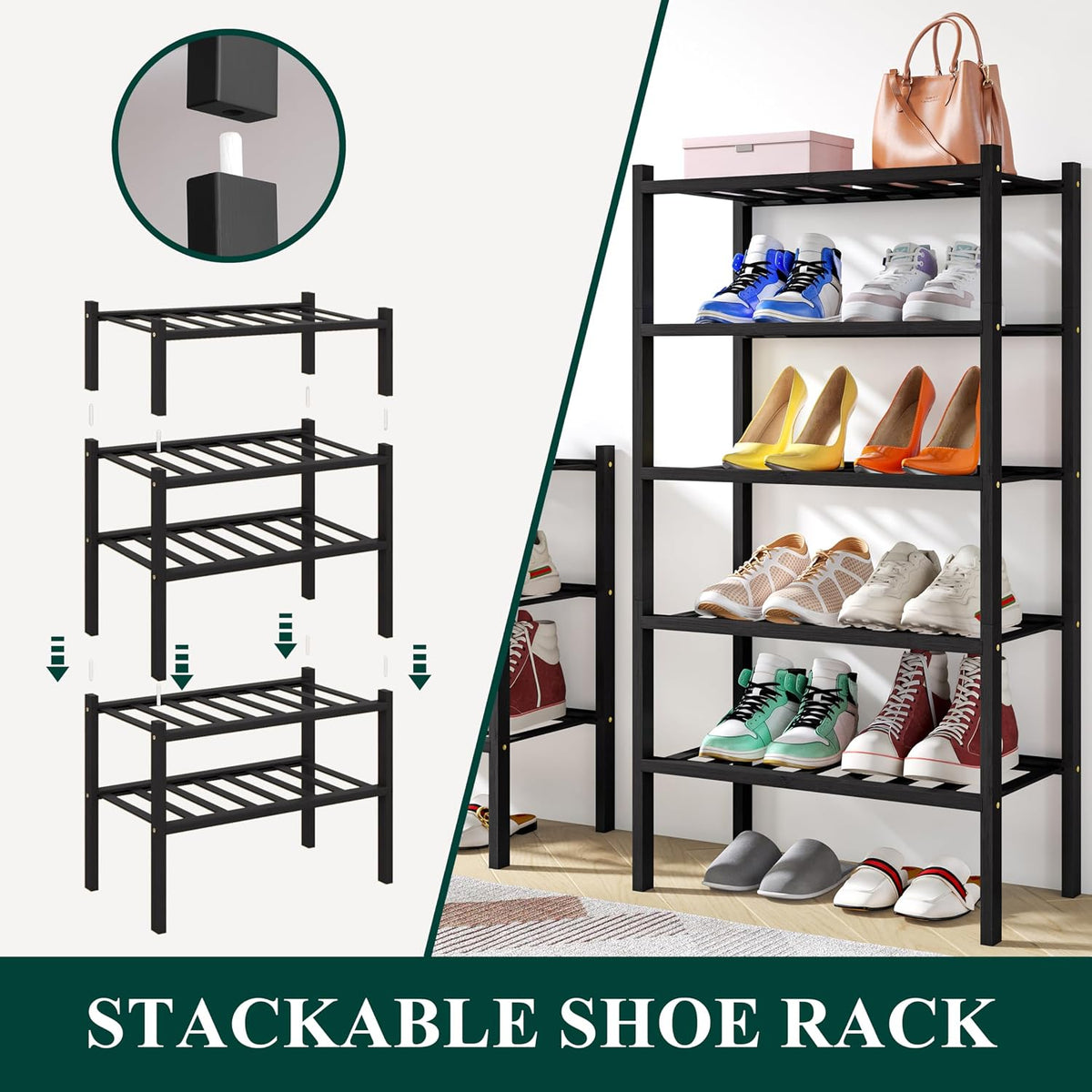 Smiry Bamboo Shoe Rack, 8 Vertical Slats, 4 Tier - 17.3" Wide, Black