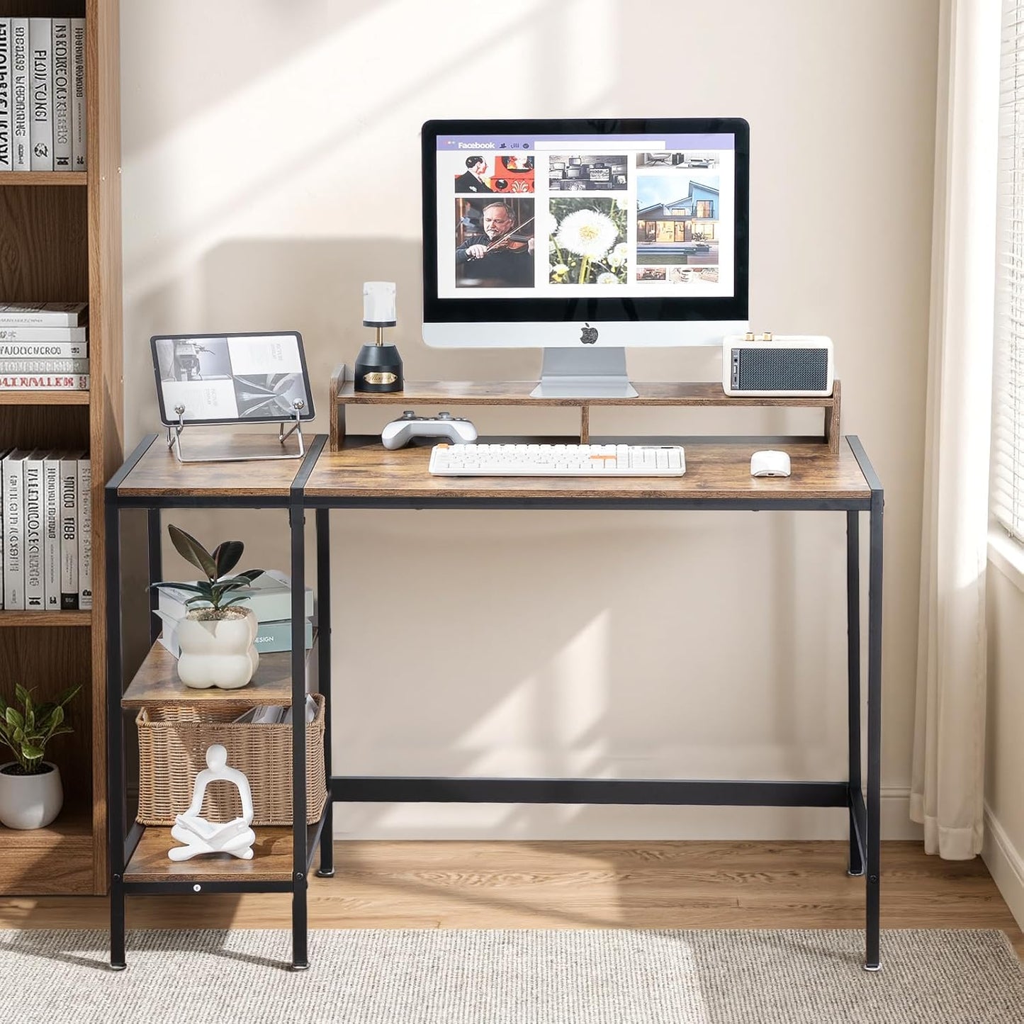 MINOSYS Computer Desk 47-inch with Storage Shelf - Vintage Ideal Gaming Desk for Bedrooms, Small Spaces, and Home Offices Modern Writing Desk for PCs.