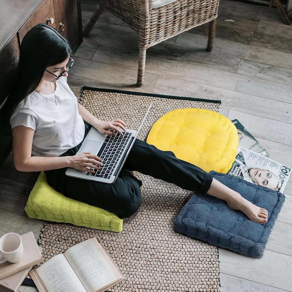 Orange Set of 2 Square and Round Floor Cushion for Adults Yoga