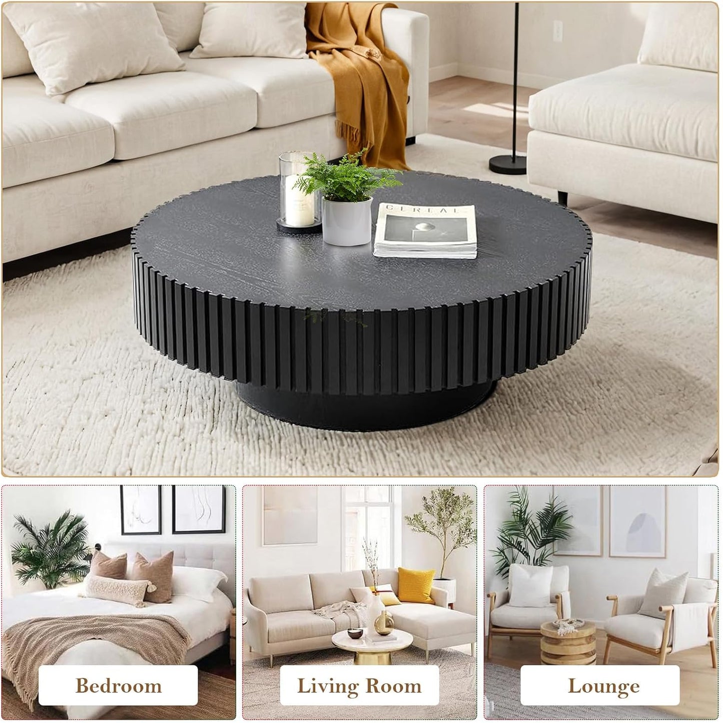 31.5" Round Drum Fluted Coffee Table (G) | Mid-Century Modern, Easy Assembly, Sturdy Pedestal, Center Tables for Apartment Living Room