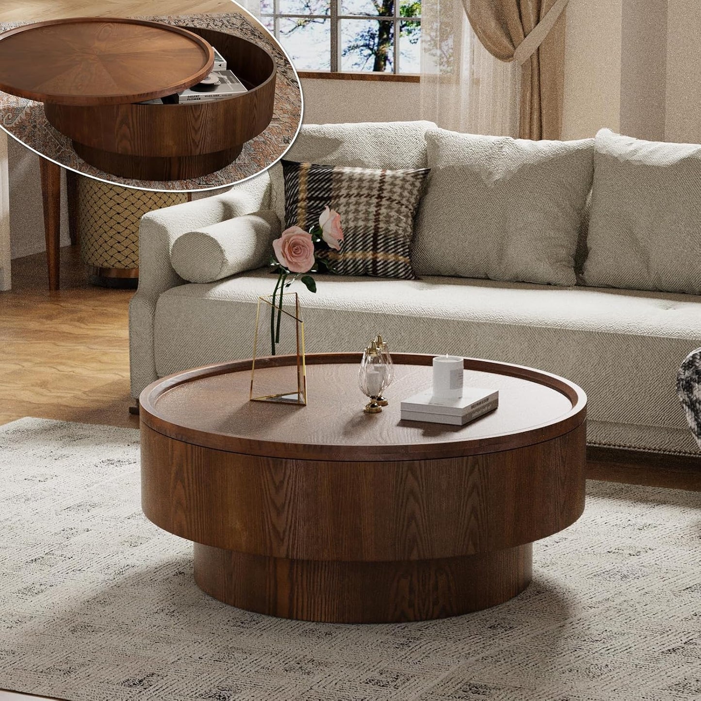 JHKZUDG 30.7" Small Round Coffee Table with Storage for Small Space | Wood Drum Coffee Table Mid Century Modern Circle Center Table Accent Tables for Living Room Apartment Easy Assembly