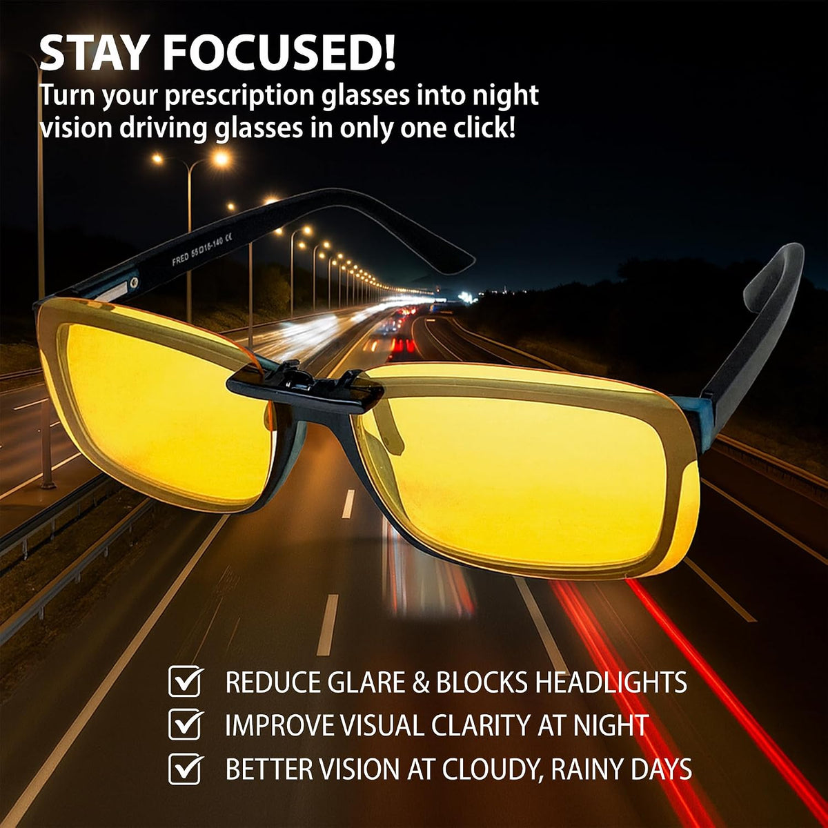 BLUE CUT Clip on Polarized Night Vision, Driving Sunglasses UV 400 Blocker To Wear Over Prescription Glasses