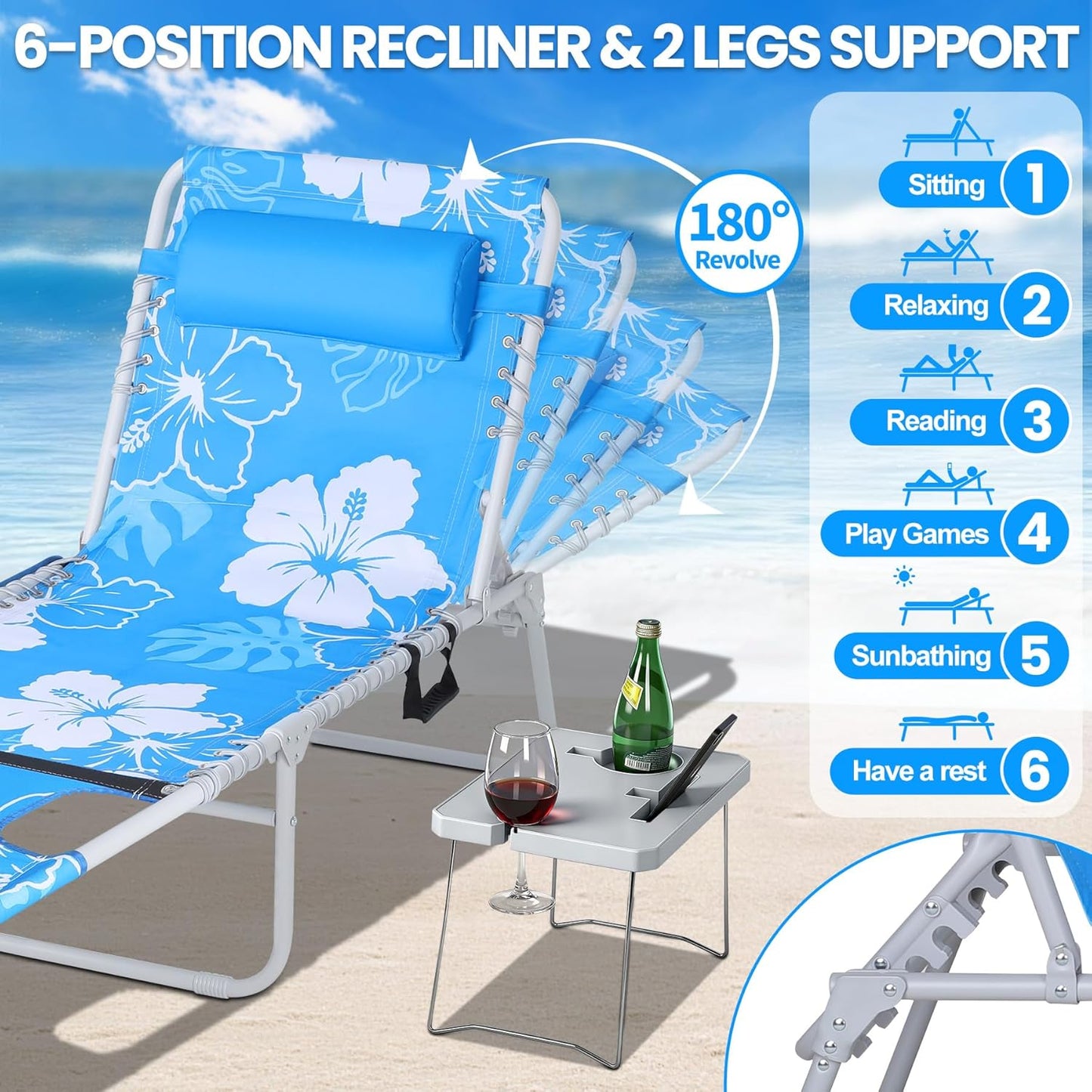 KingSom Sun Tanning Chair with Face Hole,Beach Lounge Chair with Folding Side Table,6-Position Recliner Chaise Lounge Chair,Pool Lounge Chair Outdoor Lay Flat with Pillow & Pocket,Max 350lbs-White