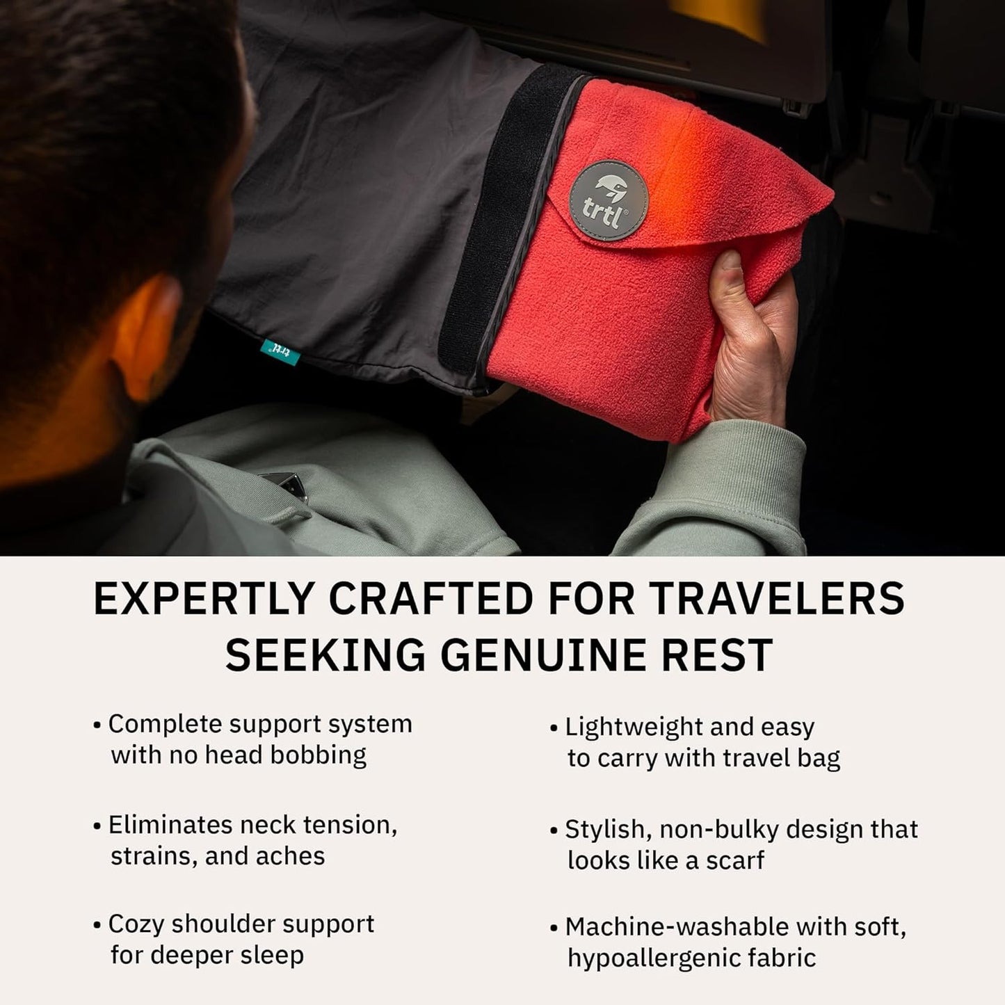 Trtl Pillow - Scientifically Proven, Super Soft Neck Support Travel Pillow for Airplanes - Lightweight and Machine Washable - Ergonomic Design for Traveling on Flights, Cars, and Trains - Coral