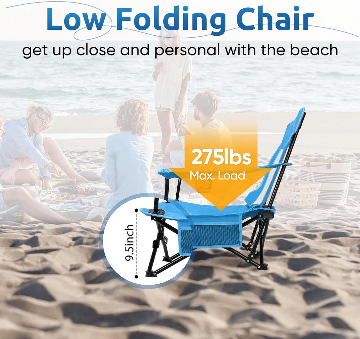 HaSteeL Folding Beach Chair, Foldable Blue Camping Chairs for Outside, Low Beach Chair Portable for Adults Fishing, Picnic, Outdoor BBQ, Travel, Sports, Cup Holder & Storage Bag
