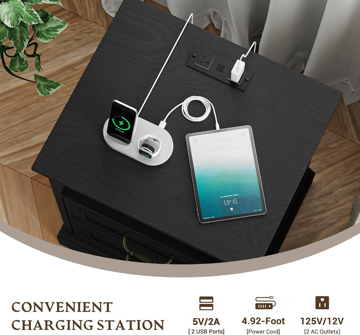 Xixini Tall Nightstand with Charging Station, Farmhouse Black Bedside Table