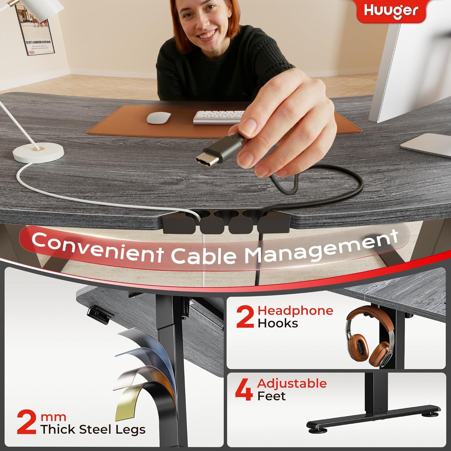 Huuger Electric Standing Desk with Power Outlets and USB-C Port, 47 X 24 Inch Height Adjustable Desk, Sit Stand Desk for Home Office, Computer & Gaming Desk with 4 Presets, Stable Steel Frame, Grey