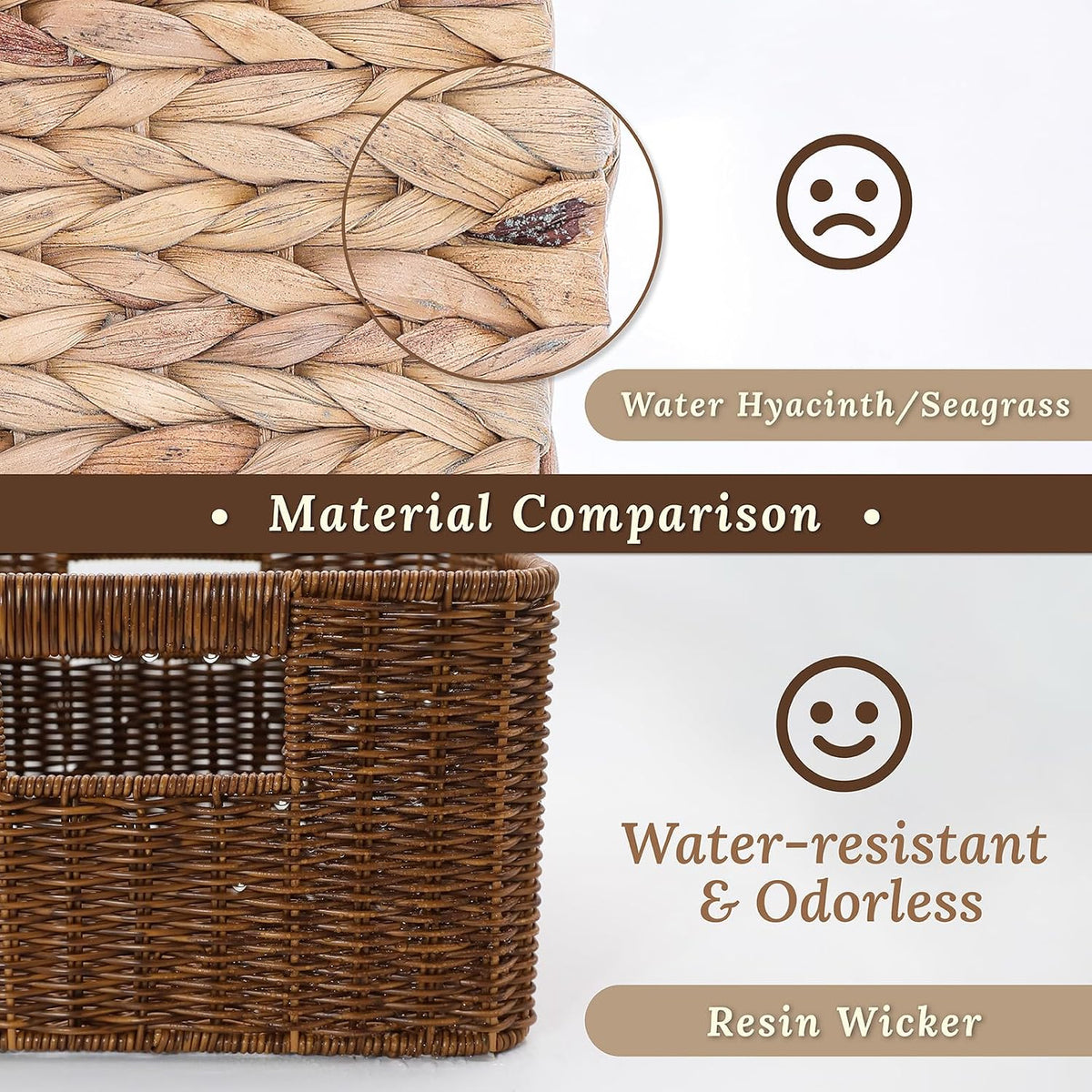 WeeNest Baskets with Handles, Wicker Storage, Shelf Boxes for Organizing, Decorative Resin, Set of 3, Toffee