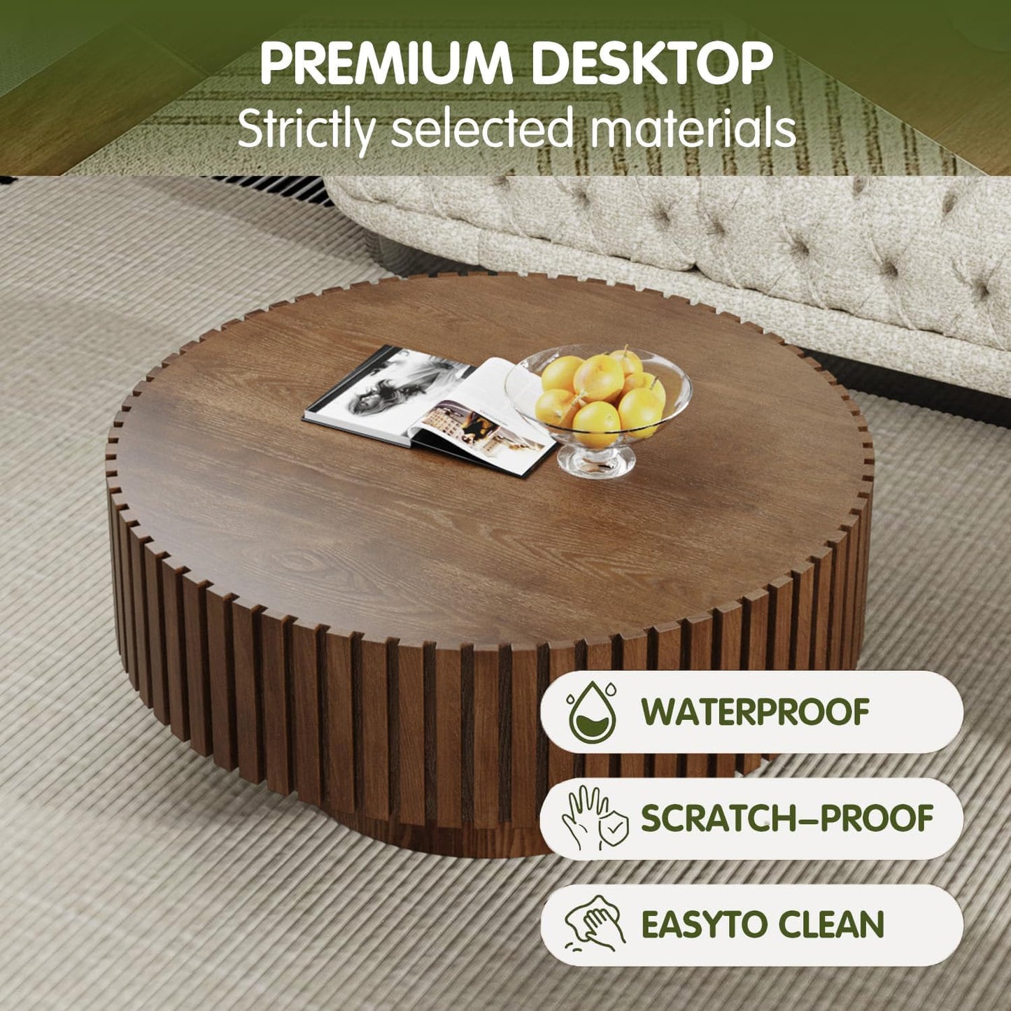 Brown Round Fluted Coffee Table for Living Room (31" Round Brown) | Handcrafted Relief, Circular Wood Drum Coffee Table, for Office Outdoor