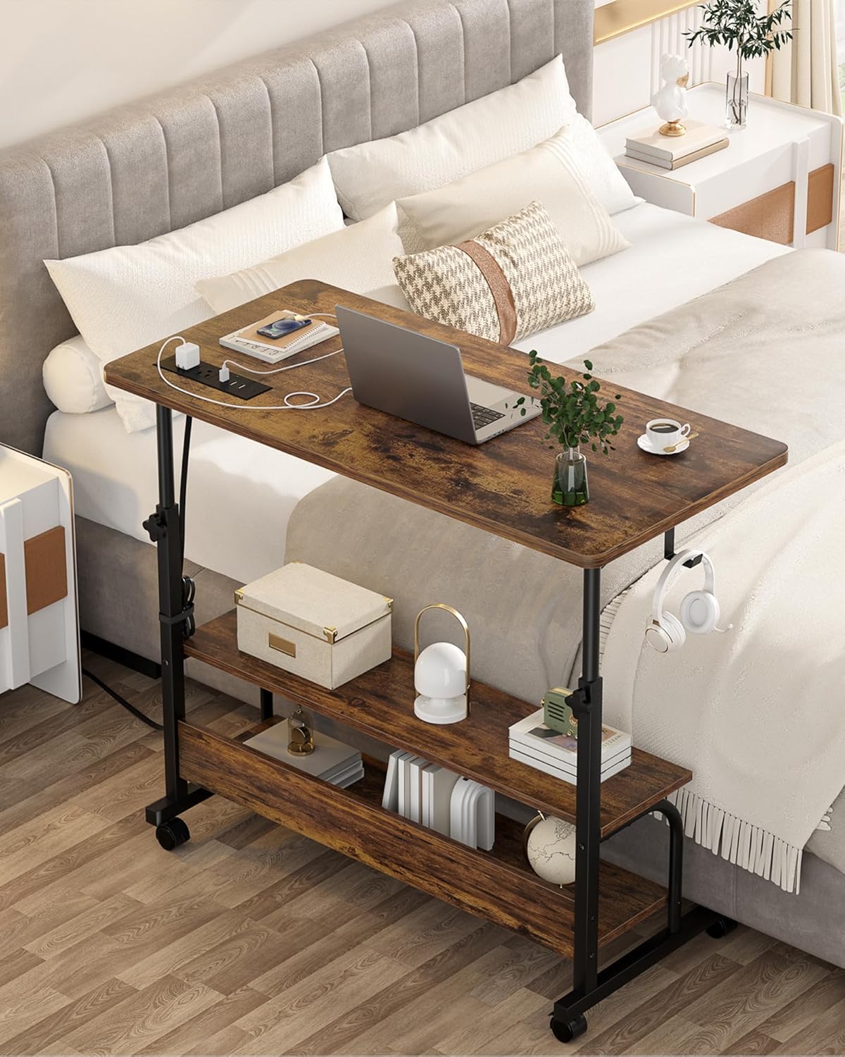 Armocity Rolling Standing Desk with Charging Station, Portable Height Adjustable Mobile Computer Desk with Wheels & 2-Tier Shelves & Hooks, Easy Assembly Laptop Table for Couch Bed, 32" Rustic Brown