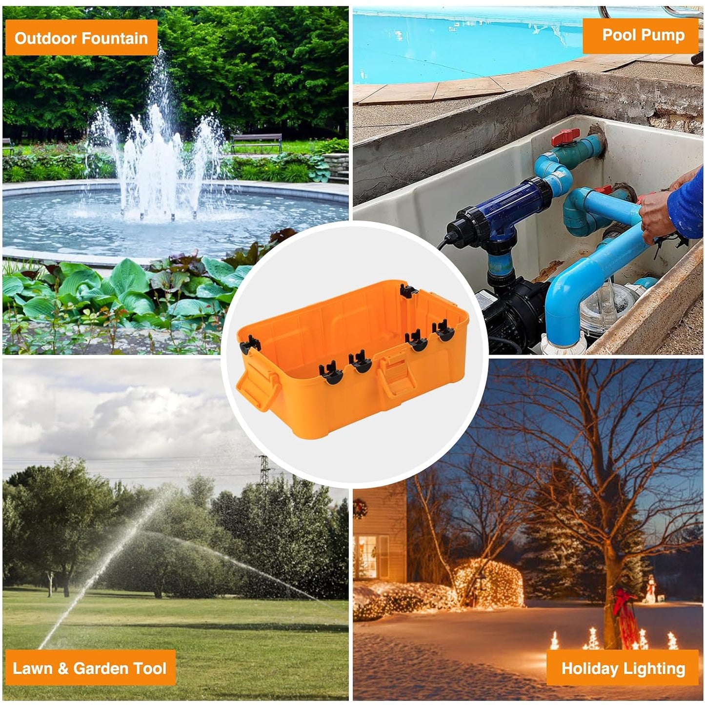 Flemoon Large Outdoor Electrical Box, Waterproof Extension Cord Cover | Inner Size 12 x 7.4 x 3.9Inch, 6 Cable Entry Ports, IP54 Weatherproof Connection Box for Outlet, Timer, Holiday Light, Orange