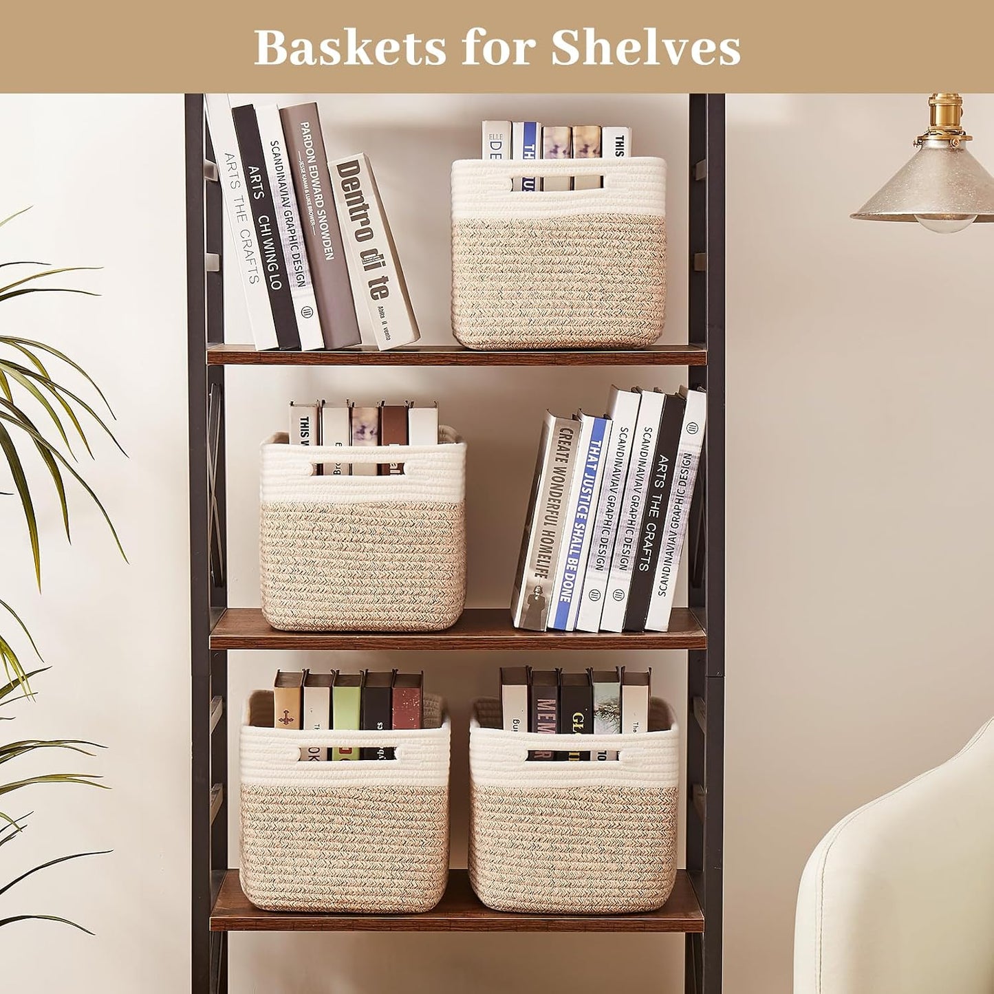 OIAHOMY 4 Pack Storage Basket, 13"x9"x7.8" Cotton Rope Baskets for Shelves, Closet Organizer for Bedroom & Living Room, Soft Decorative Bins for Organizing Towels, Books & Toys, Brown & White