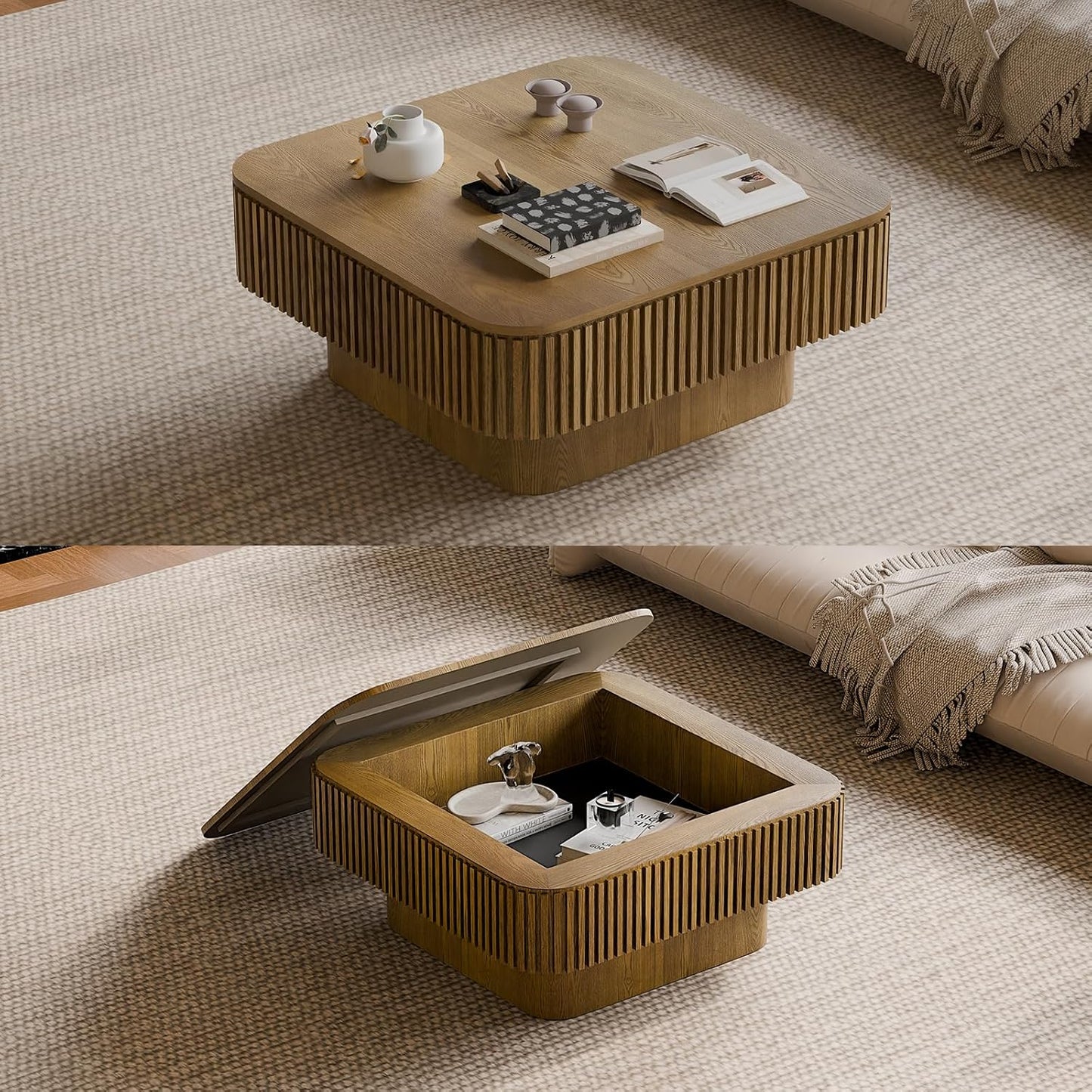 31.5" Square Coffee Table with Hidden Storage Compartment, Modern Handcraft Fluted Drum Coffee Table, Wooden Square Center Table Cocktail Tea Table with Sturdy Pedestal for Living Room, Brwon