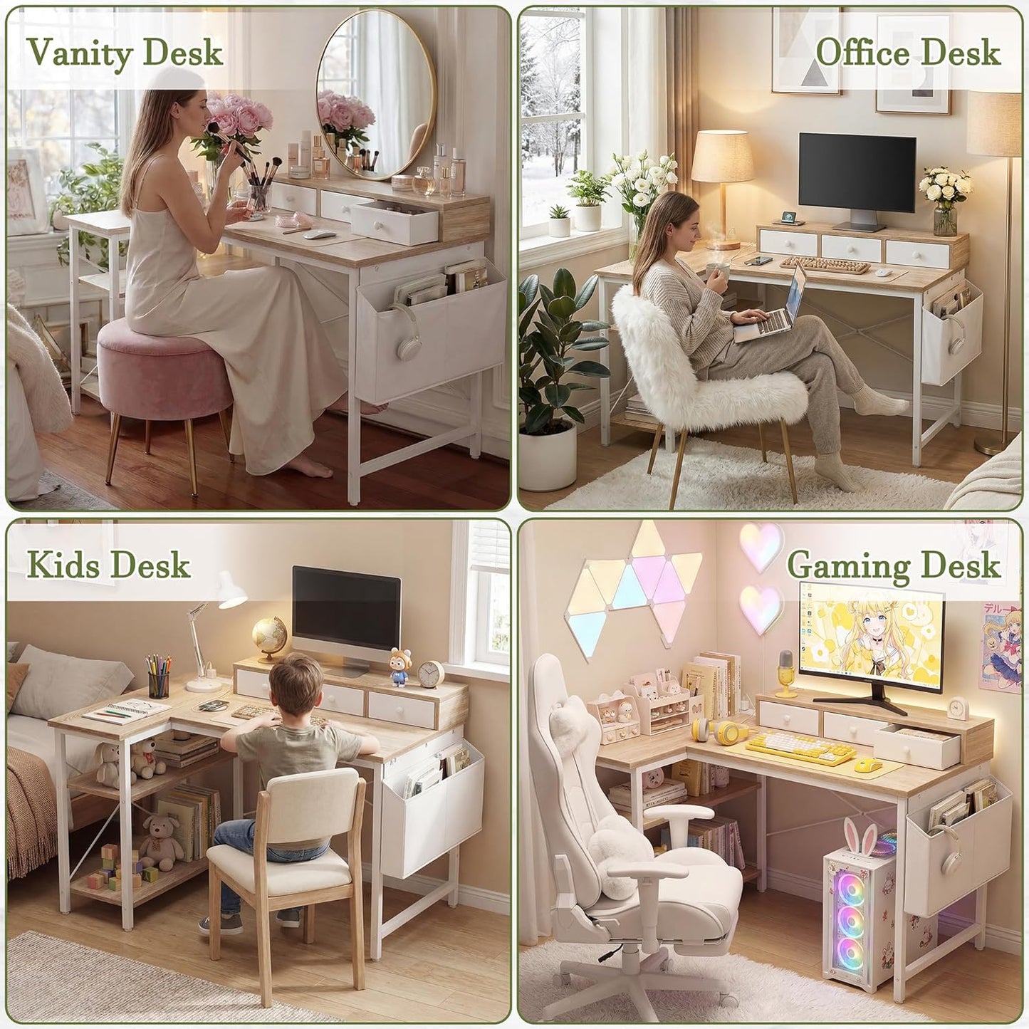 TIQLAB 40 Inch L Shaped Computer Desk with 3 Drawers & Power Outlets, Small Corner Desk with Reversible Shelves, Vanity Kids Writing PC Desk for Bedroom Home Office, Study Table for Girls, Maple