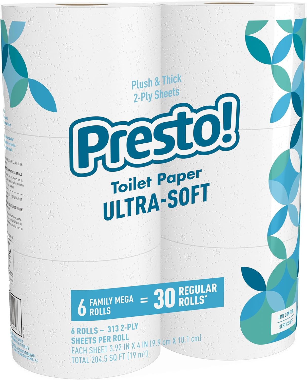 Amazon Brand - Presto! 2-Ply Ultra-Soft Toilet Paper, 12 Family Mega Rolls = 60 Regular Rolls, Unscented, 313 Sheets Per Roll