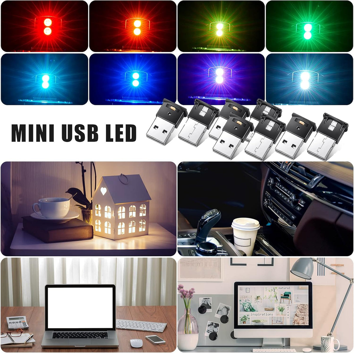 Frienda 4 Pieces Mini USB LED Car Light 8 Colors Atmosphere Lamp,Type A