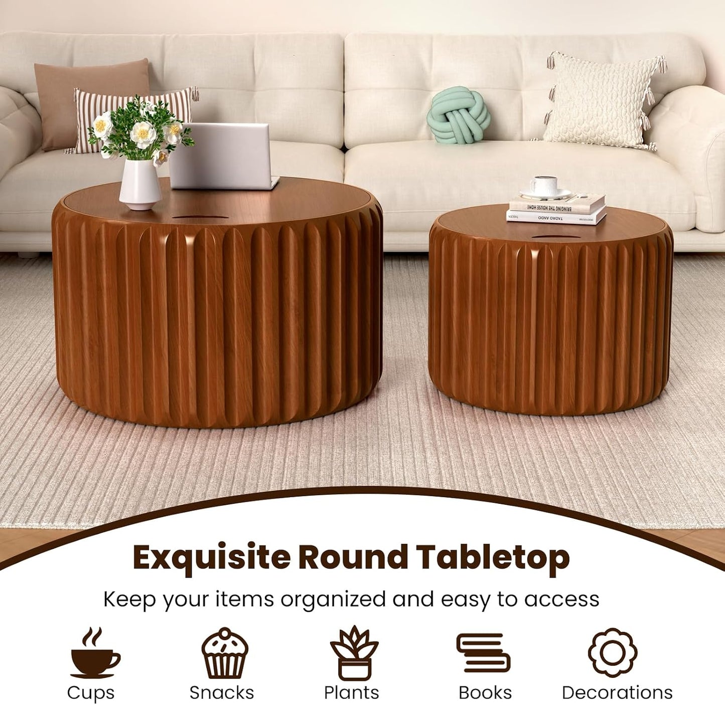 Round Nesting Coffee Table Set of 2 with Storage, No Assembly (Brown) | Wood Fluted Coffee Table Modern Drum Accent Tea Center Table Side End Table for Living Room, Bedroom, Small Space