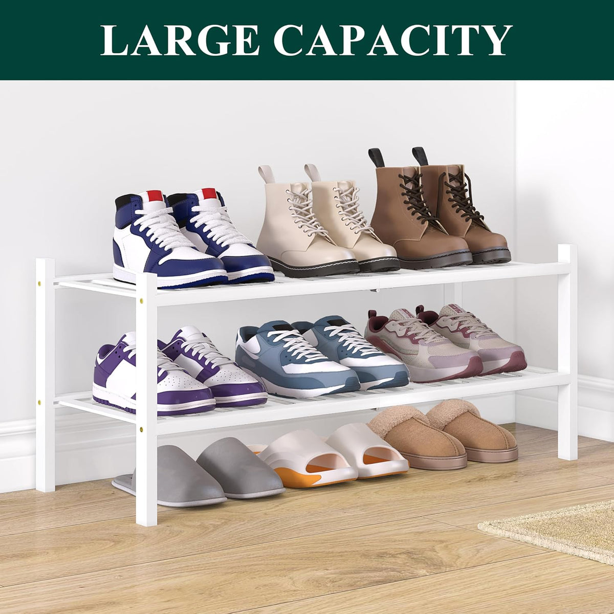 Smiry Bamboo Shoe Rack for Closet, 2 Tier - 26.77" Wide, White