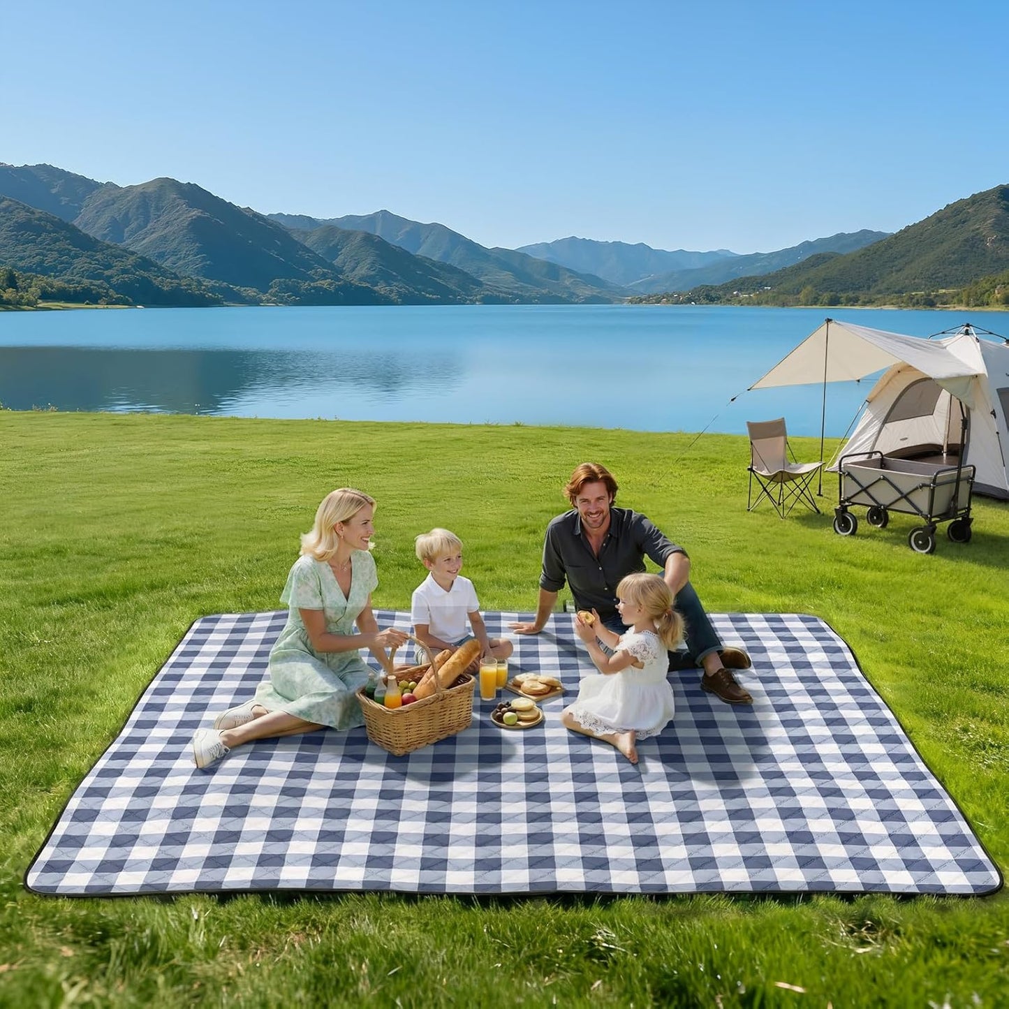 TigeJoy Extra Large Picnic Blanket Waterproof Foldable 80''x80'', Outdoor Picnic Mat Beach Blanket Sandproof for Park, Grass, Travel, Hiking, Camping Essentials, Gingham Picnic Blanket
