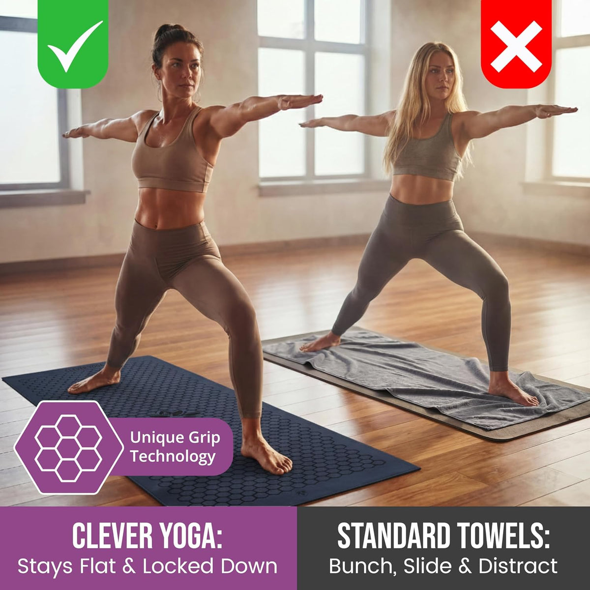 Clever Yoga Hot Yoga Mat Towel – Non-Slip Grip for Hot Yoga, Sweat Absorbent, Honeycomb Silicone Grip, Stays Flat – Ideal for Pilates, Travel, Washable & Lightweight - Dark Blue
