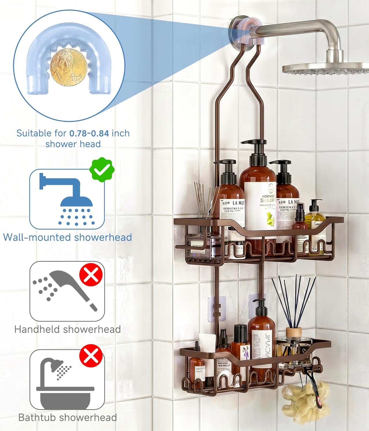 Upgraded Extended Length Shower Organizer with Hooks, Rustproof Shampoo Soap Holder, Large Hanging Bathroom Caddy