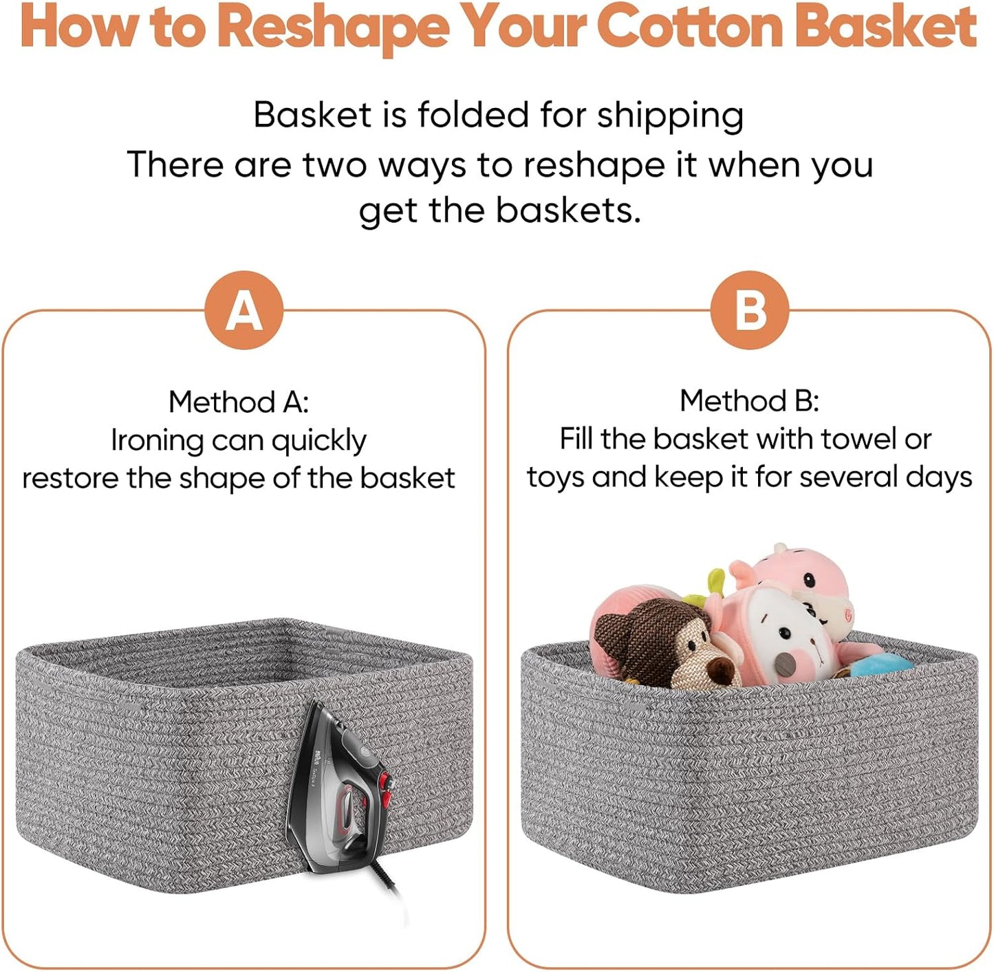 OIAHOMY 4 Pack 14.17 * 11.02 * 6.3IN Storage Baskets for Organizing Shelves, Woven Rope Baskets for Organizing Books, Clothes, Decorative Basket for Living Room, Nursery, Bedroom, Gift Basket, Grey