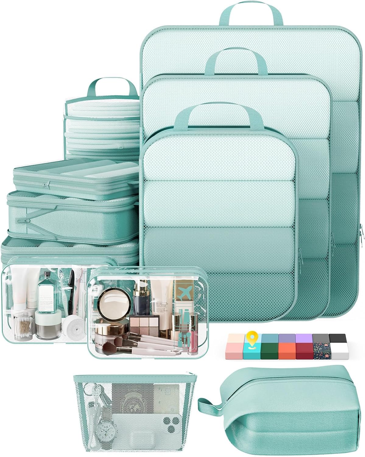 Veken 11 Set Compression Packing Cubes for Travel Essentials,Compressible Expandable Large Luggage Suitcase Organizer Bags for Clothing,Durable Space Saver Storage Bags with Toiletry Bags(Blue Green)