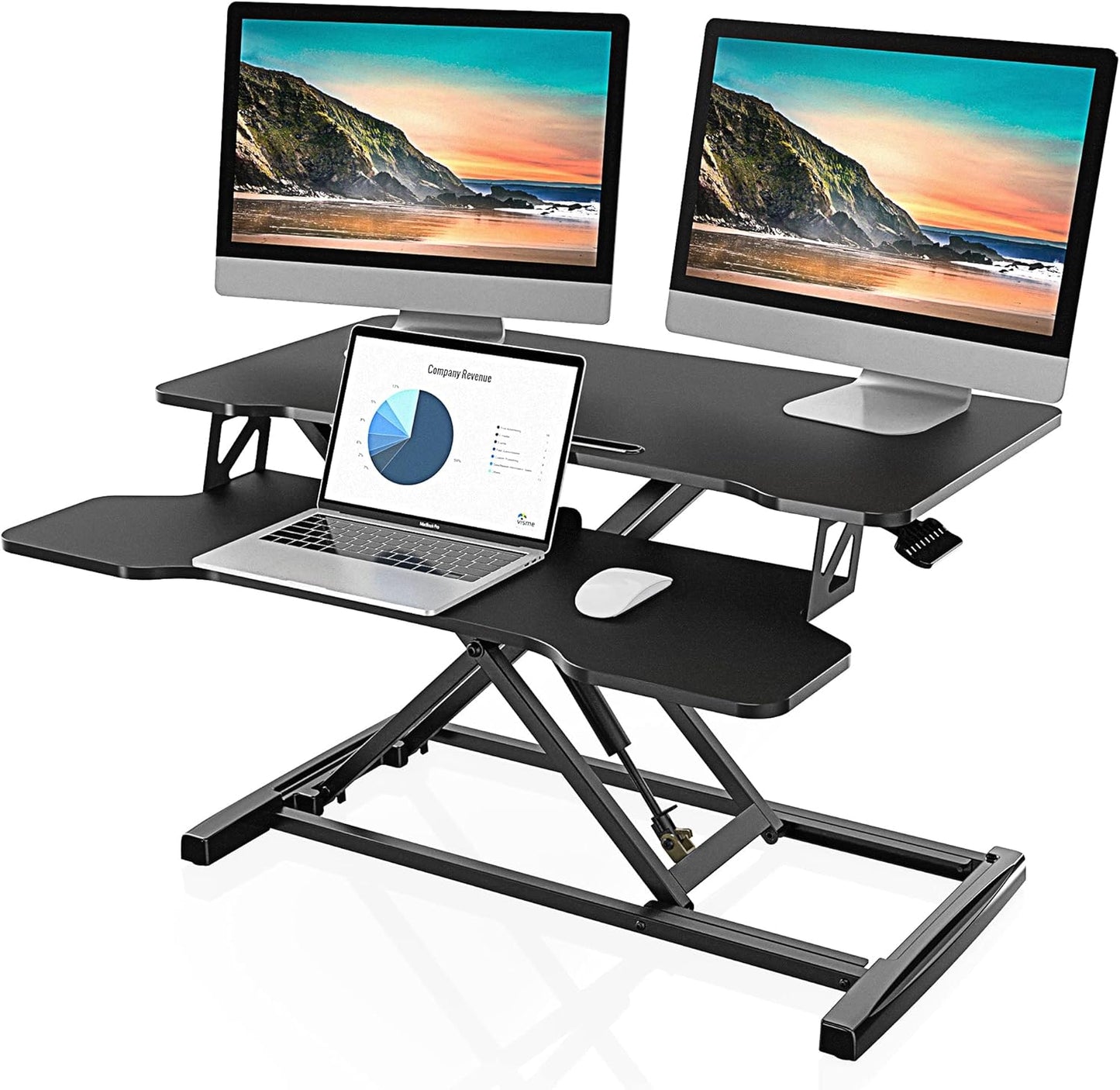 FITUEYES Height Adjustable Standing Desk 32” Wide Sit to Stand Converter Stand Up Desk Tabletop Workstation for Laptops Dual Monitor Riser Brown SD308002WE