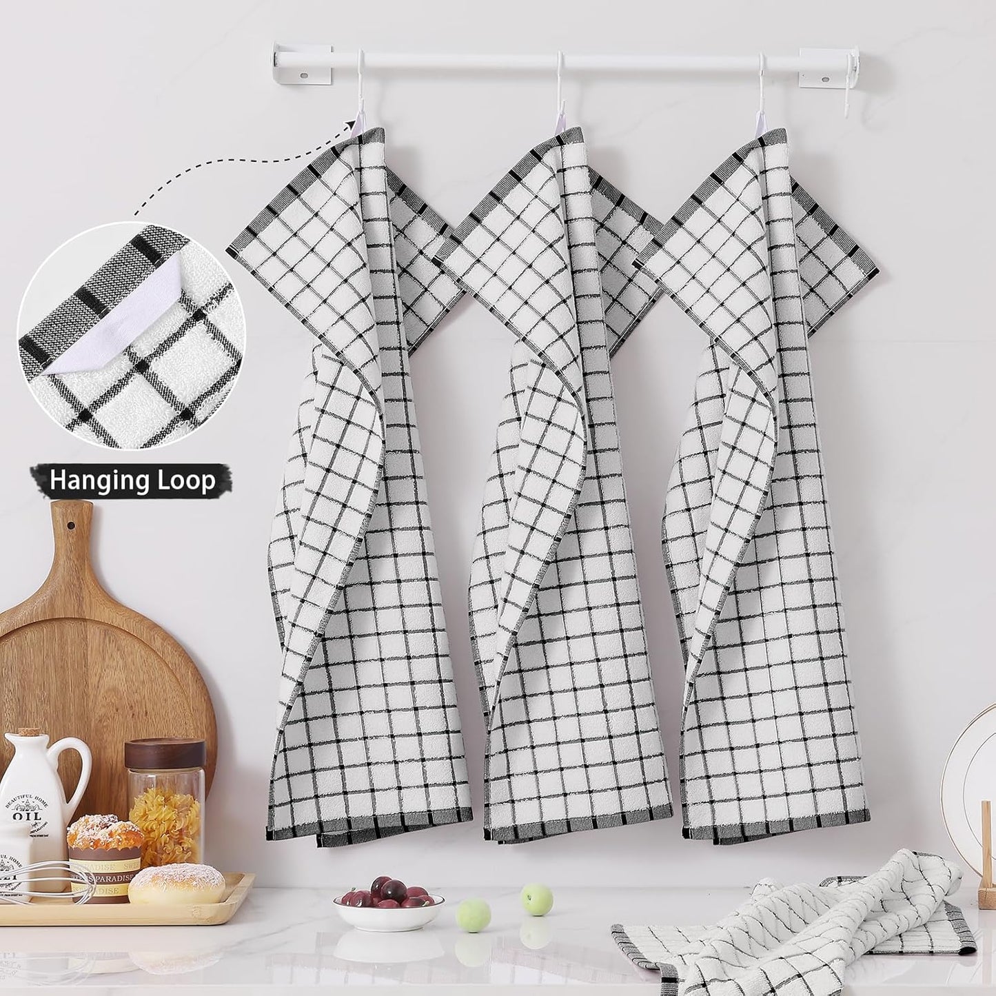Homaxy Premium Kitchen Towels(16”x 28”, 6 Pack), Large Ring Spun Cotton Dish Towels, Super Absorbent Soft Terry Kitchen Hand Towels, Check Design Tea Towel Set with Hanging Loop, Black