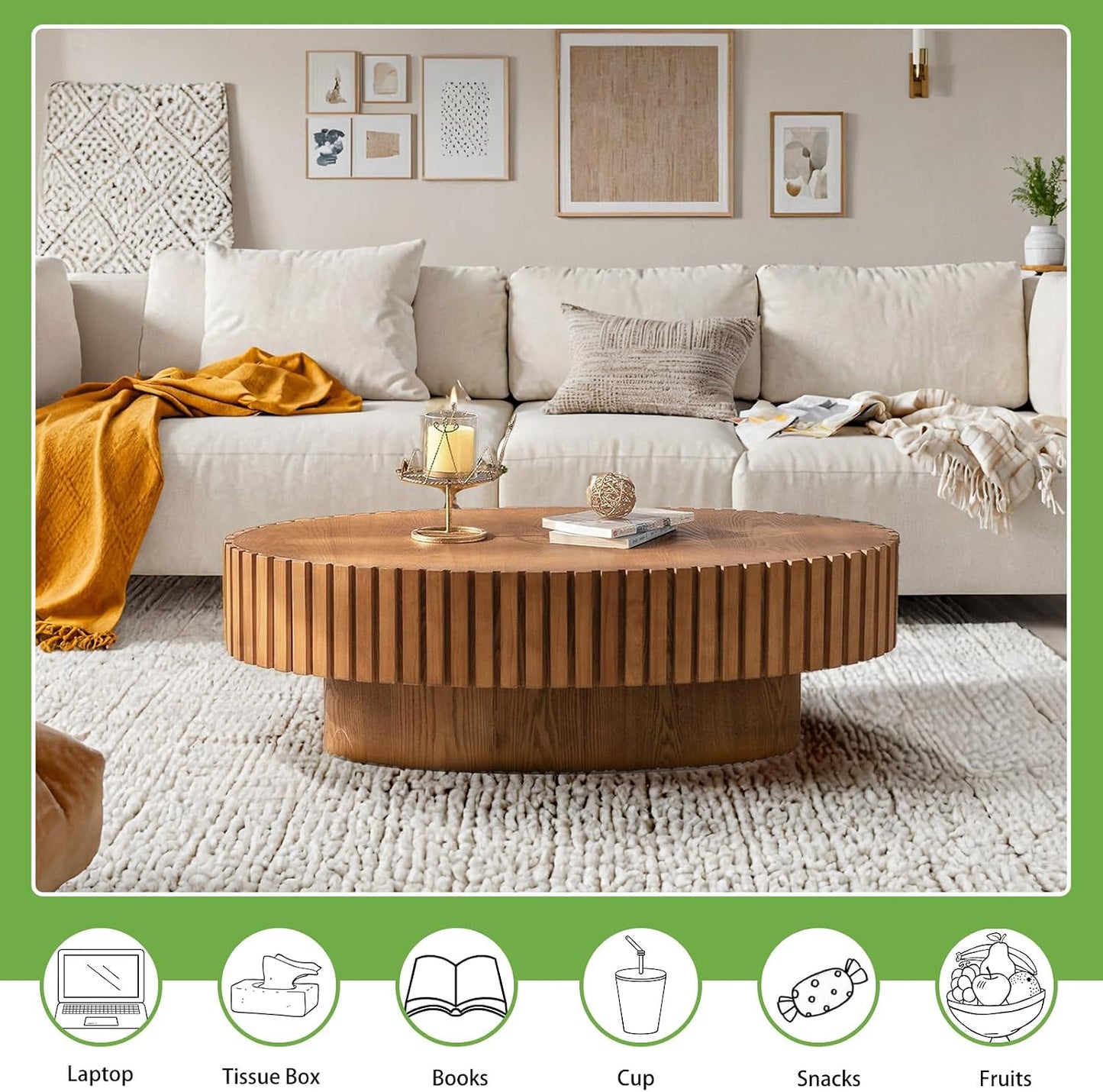 Handmade Oval Grooved Drum-Shaped Coffee Table (C Wood 43in) | Rustic Modern Circular Centerpiece for Living Room & Farmhouse Decor、Easy to Clean