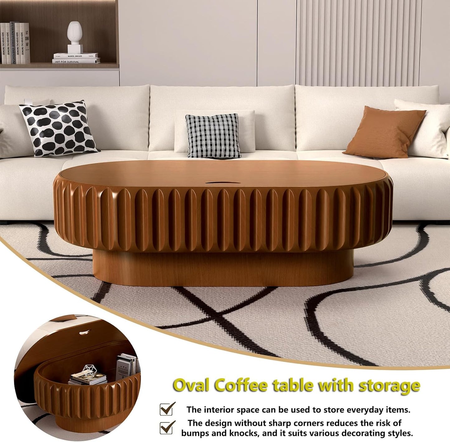 Mid Century Modern Oval Fluted Coffee Table with Storage (P) | Handcraft Drum Coffee Table, Sturdy Pedestal, Wood Veneer Top, for Living Room Reception Room Farmhouse