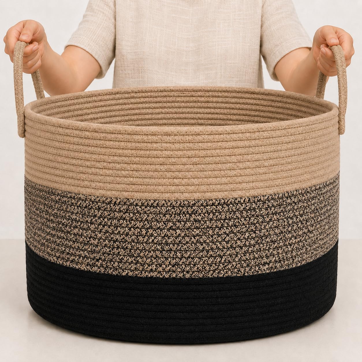 OrganiHaus Round Toy Basket & Blanket Basket, Cotton Rope 20x13" | 3-Toned Brown - Round Cotton Rope Basket, 20x13"