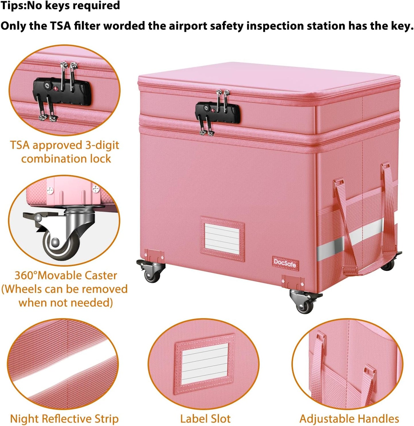 DocSafe File Box with Lock,2-Layer Fireproof Document Box with Wheels,Collapsible Rolling File Storage Organizer with Pockets,Large Portable Home Office Filing Cabinet Safe for Hanging Folders,Pink