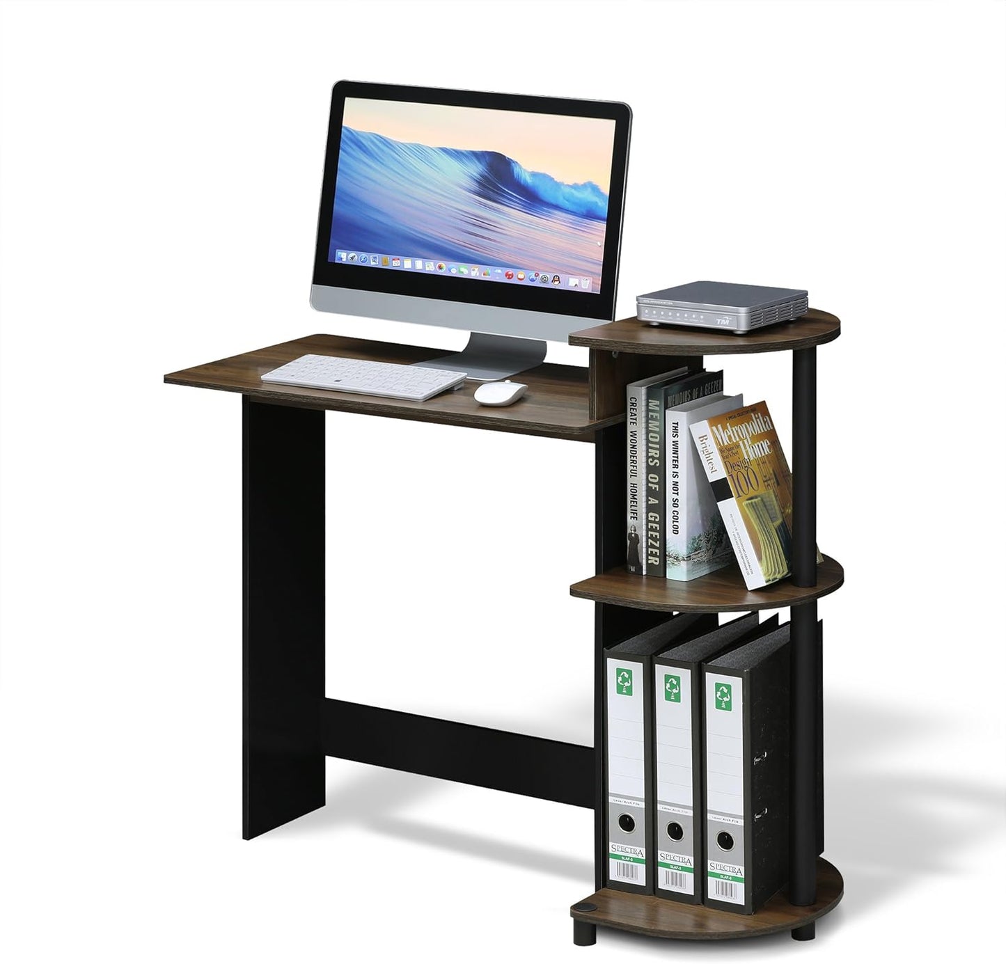 Furinno COMPACT Desk, 28.5" Wide Gaming Desk with Shelves, Computer Desk with Book Shelf, Office Desk for Home Office, Study Room, Dorm, Bedroom, Columbia Walnut