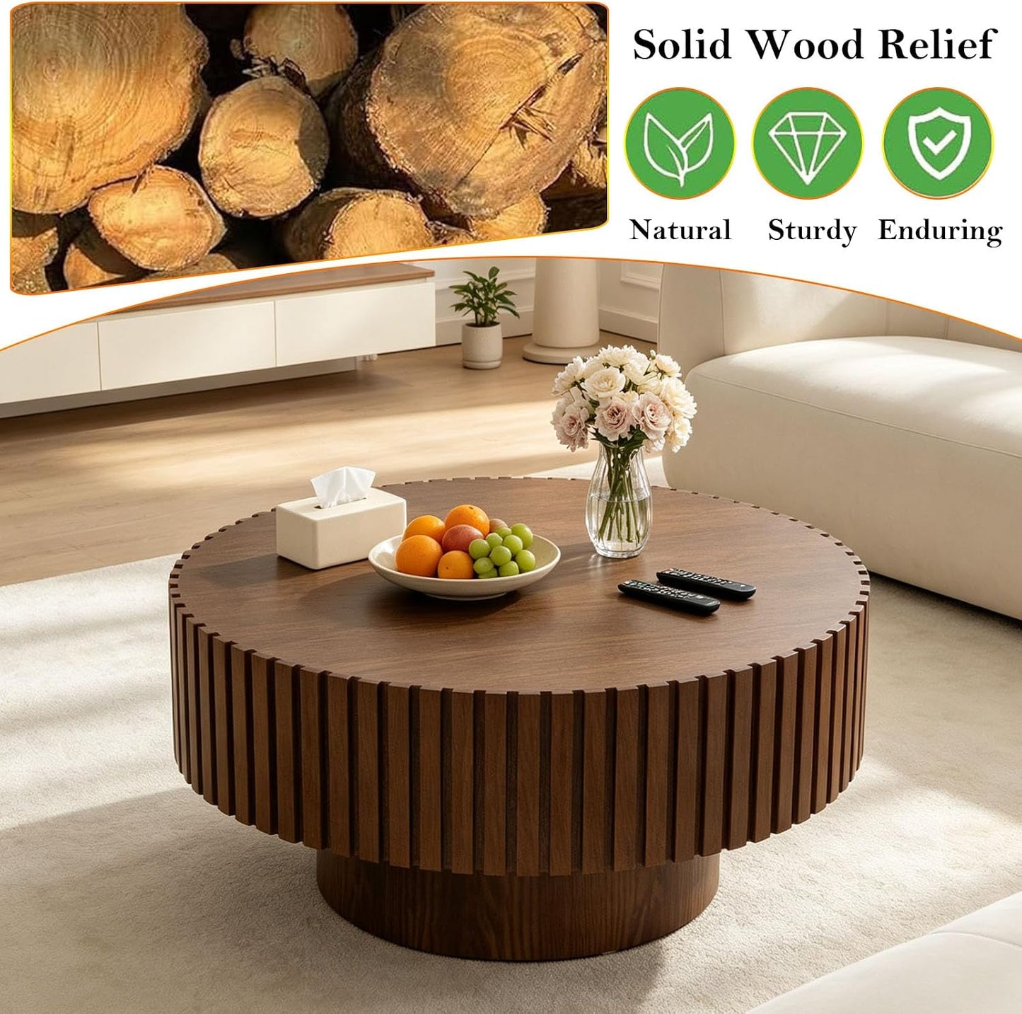 Unique Fluted Coffee Table with Sturdy Pedestal (F Round Brown 31.5in) | Modern Handcraft Drum Side End Table Easy Assembly for Living Room Apartment