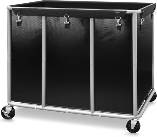 STORAGE MANIAC Commercial Laundry Cart with Wheels 420L Sturdy Steel Frame Heavy Duty Rolling Laundry Hamper on Wheels Big Laundry Basket with Removable Waterproof Liner Bag, 400 lbs Load, Black