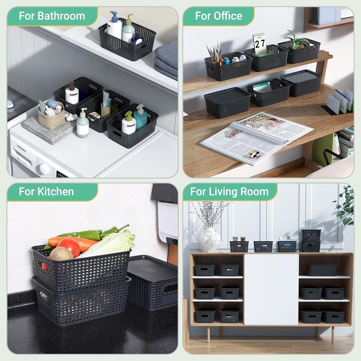 Ohmlove 8 Pack Plastic Storage Baskets with Lids for Organization | Stackable Storage bins, Storages Baskets for Organizing Shelves Drawers Desktop Closet Playroom Classroom Office, Black