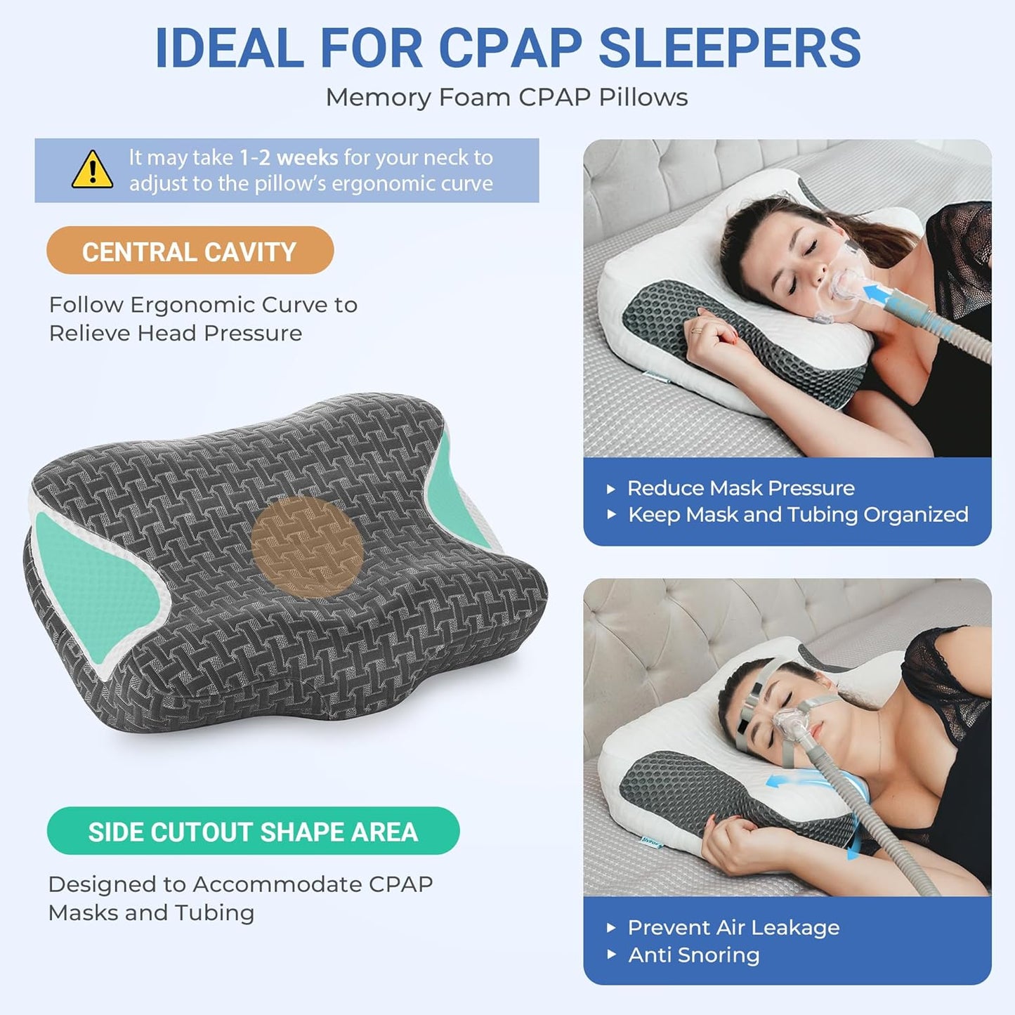 Elviros CPAP Pillow for Sleeping, HSA/FSA Ergonomic Adjustable Height Neck Support Memory Foam Bed Pillow for CPAP Users with Sleep Apnea, Suitable for Side and Back Sleepers